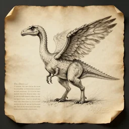 vintage parchment with a sketch of a feathered dinosaur with full descriptions, 8K, HD, highly detailed, high quality