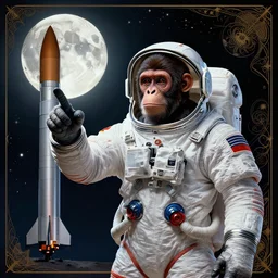 hdr portrait photography an ape wearing a spacesuit!, pointing his hand to a full moon, with spacex rocket behind his back. cinematic, coherent portrait, intricate, elegant, highly detailed, digital photo, trending on artstation, hdr photo, smooth, sharp focus, illustration, art by artgerm and greg rutkowski and alphonse mucha