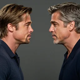 a still of Brad Pitt and George Clooney facing each other.  two feet apart. Brad on left George on right. Neutral expression. Close up shot, detailed. Professional photography.