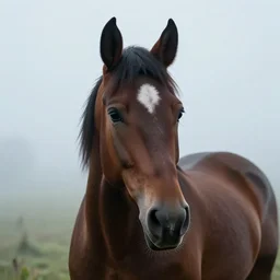 a cinematic headshot portrait of a horse stood in a fog filled field, ultra realistic, depth, beautiful lighting