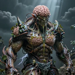 high resolution photo of a muscular humanlike creature with big brain, overgrown by brain material, made of brains, brainy, smart, slime, tree roots, dark clouds, foliage, veins, lightning, big muscles, sweat, slime, troll, fishlike, gills, dragonlike, grown together, overgrown, electronic wires, god rays, dark, skin, plastic wrap,