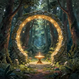 Fantasy Magical fairy-tale glowing stone portal in the forest. Round stone portal teleport in trees to other worlds. Fantastic landscape. Magic Altar in the fores, highly detailed, digital painting, concept art, smooth, sharp focus, illustration, art by  greg rutkowski and alphonse mucha