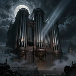 dark fantasy matte painting of a city-size screaming pipe organ with teeth, moonlit night, evil godrays, fog, smoke, dark stormy weather by beksinsky and Goya, fine detail