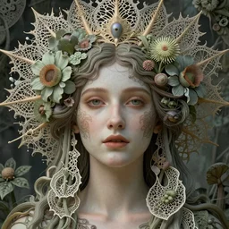 beautiful sun goddess face portrait by jean delville, ellen jewett, iris van herpen and james jean, art forms of nature by ernst haeckel, art nouveau, symbolist, visionary, gothic, fractal lace, intricate alien botanicals, ai biodiversity, surreality, hyperdetailed photorealistic soft focus octane render