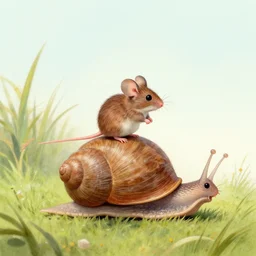 tiny mouse riding a large snail across a field, painting by ismail inceoglu,