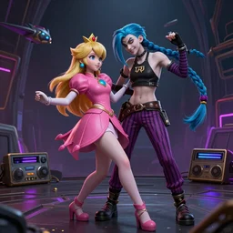 Princess peach mixed with jinx from league of legends, dancing, background jet ground radio, fullshot, raytrayced, octane render, epic composition, intricate details, hyperrealist, dark neon punk, by Alessandro Barbucci, Barbara Canepa