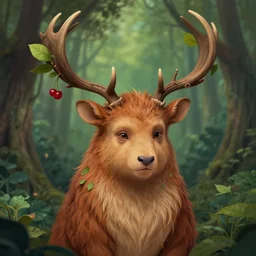 portrait of benjamin netanyahu as a magical forest critter, fur, spiraling antlers, branches, leaves, cherries, by brian froud