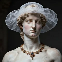 a beautiful futuristic portrait with hat made by wires and gauze twisted around her face and cover, necklace made by wires, design by leonardo davinci, inspired by michael angelo, modern art, baroque, jewelry, new classic, hyper realistic, highly detailed, cinematic composition, cinematic lighting, fashion design, concept art, hdri, 4 k