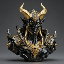 ancient black onyx and gold devil with horns, polished 3 d sculpture rendered by billelis feat luminokaya in visionary fineart style. 8 k hyper ornated maximalist and overdetailed. powerful dark scifi, darlok emperor portrait shot by andrei riabovitchev, tomasz alen kopera, luminokaya. influenced by, giger and peter gric masters of orion