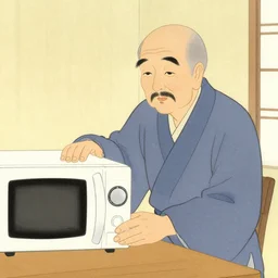a japanese painting of a wise asian man using a microwave
