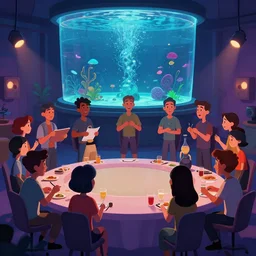 cartoon, a lot of people communicating with each other in groups of ten, a large hall, dim painterly lighting volumetric aquatics, party
