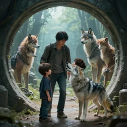 scene from a 2010s science fiction film about a man named Seokjin entering a portal to another world+ that is inhabited by human animal hybrids+ he first meets a cute boy named Jungkook who is half human & half wolf+ CGSOCIETY + directed by Luc Besson +