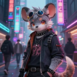 beautiful furry digital art portrait commission of an androgynous furry anthro rat fursona wearing punk clothes in the streets of a cyberpunk city. neon signs. character design by charlie bowater, ross tran, artgerm, and makoto shinkai