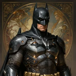 portrait of old Batman, sci-fi armour, tech wear, glowing lights!! sci-fi, intricate, elegant, highly detailed, digital painting, artstation, concept art, smooth, sharp focus, illustration, art by artgerm and greg rutkowski and alphonse mucha