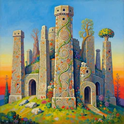 forgotten stone city on a hill that rises up from the plain. the stone is carved into intricate patterns: spirals and flowers, vines and knots. towers high above, archways, strange trees and flowers. a beautiful and vivid and colorful andreas rocha and peter mohrbacher acrylic painting, trending on artstation