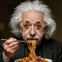 portrait of Albert Einstein eating noodles, hyperdetails, displacement mapped octane render, luscious patty with sesame seeds, ethereal, handsome, elegant, highly detailed, digital painting, artstation, concept art, matte, sharp focus, illustration, art by Artgerm and Greg Rutkowski and Alphonse Mucha