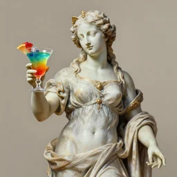 a reneissance statue holding a coctail, medium shot, colorful coctail, digital painting