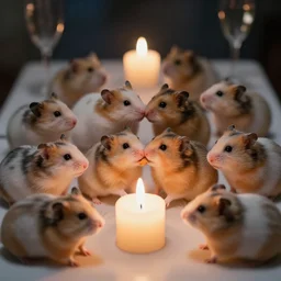 photo of a hamsters kissing!!!!, at night, romantic, faded colors, candlelit restaurant table, cinematic color grading, various poses, soft light, well framed, sharp focus, 8 k