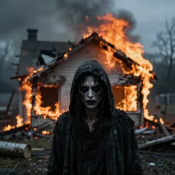 a photo of a house burning down in the background and dark souls with an eerie expression in the foreground, strong depth of field