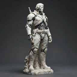 a fullbody wide shot of a marble - statue of a rugged engineer with cybernetic enhancements, scifi character portrait by greg rutkowski, esuthio, craig mullins, full body shot, cinematic lighting, dystopian scifi gear, gloomy, profile picture, mechanical, half robot, implants, steampunk
