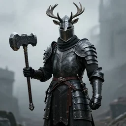 a knight of the seven kingdoms with black armor and a stag's head helm holding a war hammer.