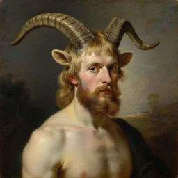 a portrait oil painting of a young blond bearded man with long goat horns, with face and body clearly visible, in a scenic background, realistic proportions, high quality, sombre mood, muted colours, entire person visible!, art by rembrandt