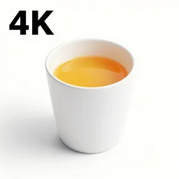 a white cup with orange juice in it, octane render, 4 k, uhd, white background, isometric perspective view, diffuse lighting