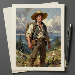 asset sheet, material study ( caricature ) adventurer ( hyperrealistic surrealist style oil painting ) happy foreboding