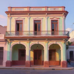 beautiful painting of cuban houses an storefront, colonial architecture, intricate and smooth colors, no characters, front view, trending in artstation, colorful octane render, dawn light, art style by disney and pixar