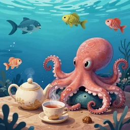 The Queen of the Sea waves and her devoted servant octopus drink tea, artstation, watercolor, highly detailed, portrait, by krenz cushar
