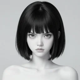 pale - skinned anime girl, very white - skinned girl with black hair, cute face, black bob cut hair, short bangs, angry expression, cel - shading, 2 0 0 1 anime, flcl, jet set radio future, cel - shaded, strong shadows, vivid hues, y 2 k aesthetic