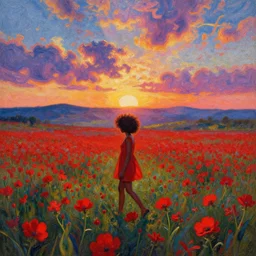 red flower afro, full body, girl walking in the middle of a field with flowers, surreal photography, hills, sunrise dramatic light, impressionist painting, colorful clouds, digital painting, pointillism, artstation, simon stalenhag