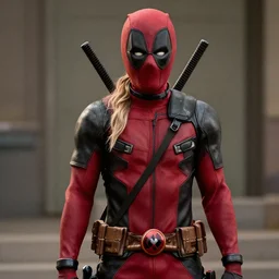 film still, Margot Robbie in deadpool suit