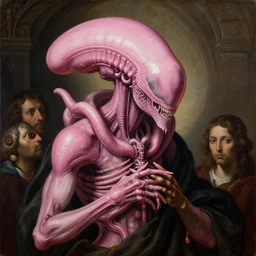 pink xenomorph human hybrid saint icon religious painting by yoshu hashimoto chikanobu, baroque portrait painting, detailed octane render trending on artstation artgerm, 8 k artistic photography, volumetric cinematic perfect light, chiaroscuro, masterpiece, raphael, caravaggio, beksinski, rutkowski, giger