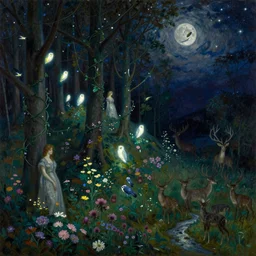 painterly dreamy dark midnight hill in the forest with trees, flowers, birds, glowing owls, deers, barely seen women, lianas, thistles, a stream and sky with moon and stars by Mikhail Vrubel, Alexei Savrasov, Aron Wiesenfeld, Ivan Kramskoi, dark fantasy, witcher, very detailed oil painting in the alla prima style, masterpiece, 8k