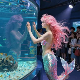 impressionistic portrait of a pink haired mermaid banging on the glass cover of a public aquarium as a crowd watches in the style of john william waterhouse, Okinawa Churaumi Aquarium, spotlight - n 4