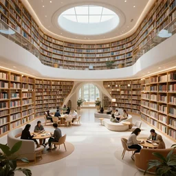a futuristic, speculative vision of what a library and community space if it was made in the future with social spaces, concept art, 4k