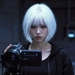 photo of a girl with short white hair, in the style of ghost in the shell, neo - future, highly detailed environment, found footage, 2 4 0 p, low quality camera, crt footage, vhs camera, depressing, lonely, movie, movie screengrab, y 2 k aesthetic, screengrab, in the style of bill pope, frank griebe