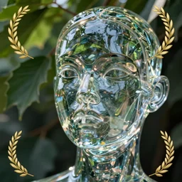 A woman's face made out of glass, transparent, high definition, foliage, leaves, high definition photography