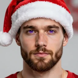 strong giga chad attractive man face symettry brown beard with christmas hat masculine traits brown hair purple eyes clean skin ultra realistic highly detailed highly realistic 8 k photo realistic