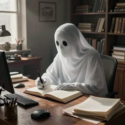 detailed concept art of a ghost writing a book in an organized office, by Abigail Larson