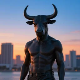 statue of man wearing bull mask, miami background by simon stalenhag, sunset, clear sky, sharp focus, vivid color, dark lighting, digital art, foggy