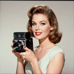 an analog Kodak brownie portrait pin-up photography of a 1960s glamour model, Bettie Paige resemblance, white sweater, subdued colors, 120mm film, film grain, hq, detailed, realistic