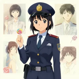 girl, police suit, artwork made by makoto shinkai, inspired in balthus and hirohiko araki, clean details, light color palette, candy, anatomically proportional, hd