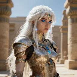 android girl in egyptian ruins, warframe armor, exploration, white hair, atmosphere, glow, detailed, intricate, beautiful face, cinematic lighting, trending on artstation, blue eyes, 4 k, focused, extreme details, cinematic, masterpiece, by akihito tsukushi