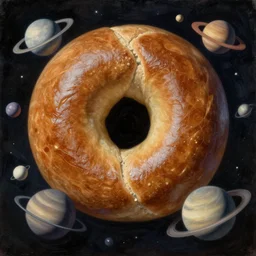 all of the planets revolving around a giant Bagel, beautiful, oil on canvas, intricate, 8k highly professionally detailed, HDR, CGsociety