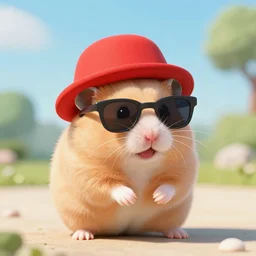 cute hamster with sun glasses and a red hat