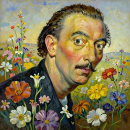 highly detailed oil painting of a field of flowers painted by salvador dali