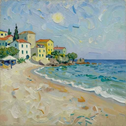 beautiful Italian beach scene painted in a style of painting similar to Van Gogh but more very thick, heavy scumbled impasto and less hatching