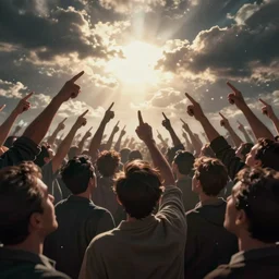 digital art of a panicked crowd pointing!! towards a glowing sky, raising their arms, volumetric lighting, nasty, hyperdetailed, realistic